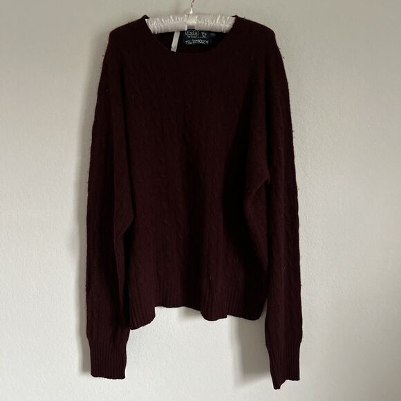 Polo Ralph Lauren Cashmere Sweater Burgundy Crew Neck Cable Knit Pullover Sz XXL - Picture 1 of 9